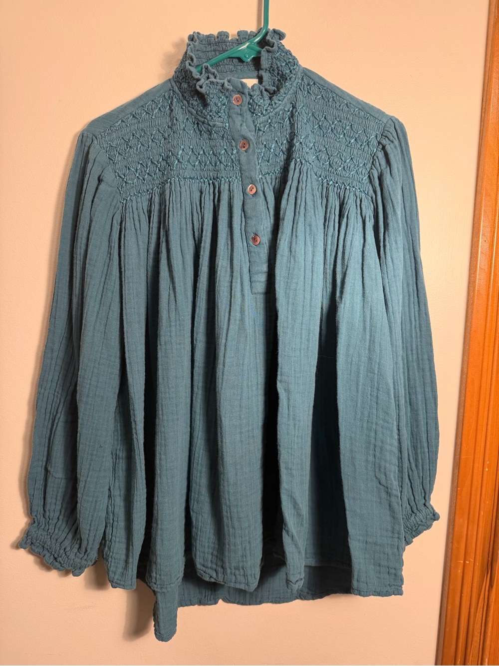 Oh My Stars Smocked Ruffled High-Neck Teal Blouse 100 Cotton Size L